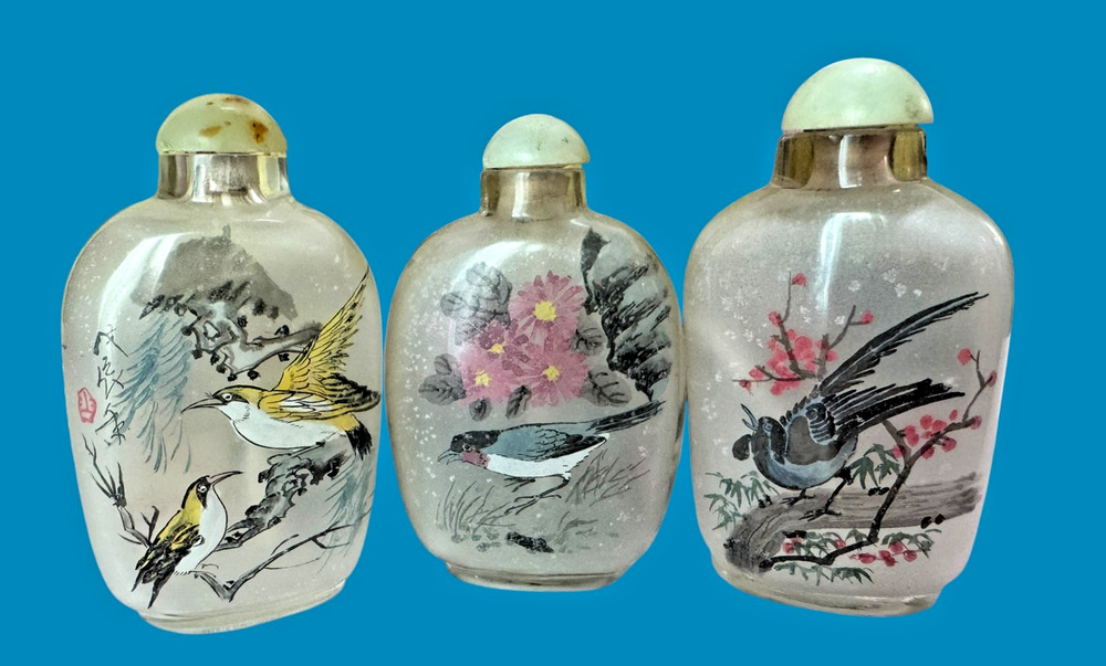Vintage Chinese Inside Painted Glass Snuff Bottles Birds Flowers Set of 3 Boxed